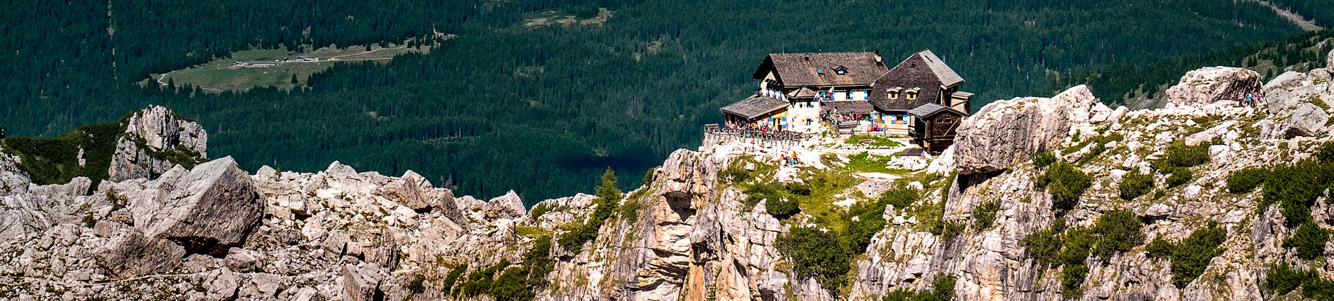 The popular Rifugio Tuckett in the Brenta Dolomites, a starting point for several via ferratas: SOSAT, Bocchette Alte, and the Benini Ferrata.